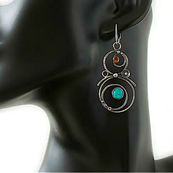 Bohemian Round Blue Stone Earrings Handmade Silver Engraved Round Dangle - Picture 3 of 7